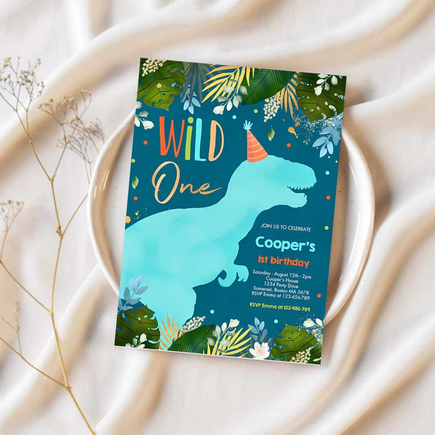 Dinosaur wild one birthday boy dinosaur birthday invitation j83l 1