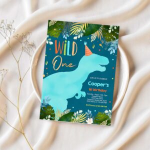 Dinosaur wild one birthday boy dinosaur birthday invitation j83l 1