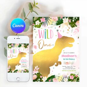 Dinosaur Wild One Invitation, Dinosaur Wild One Birthday Pink Dinosaur Birthday Invitation
