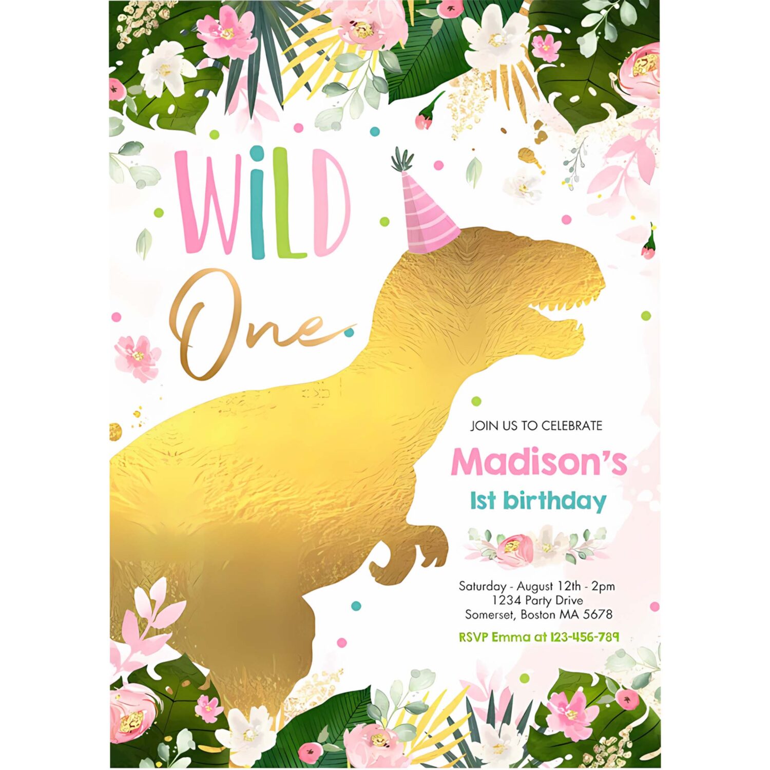 Dinosaur wild one birthday pink dinosaur birthday invitation k43g 4