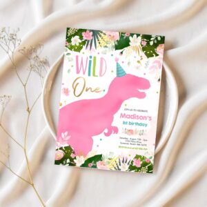 Dinosaur wild one birthday pink dinosaur birthday invitation x83f 1