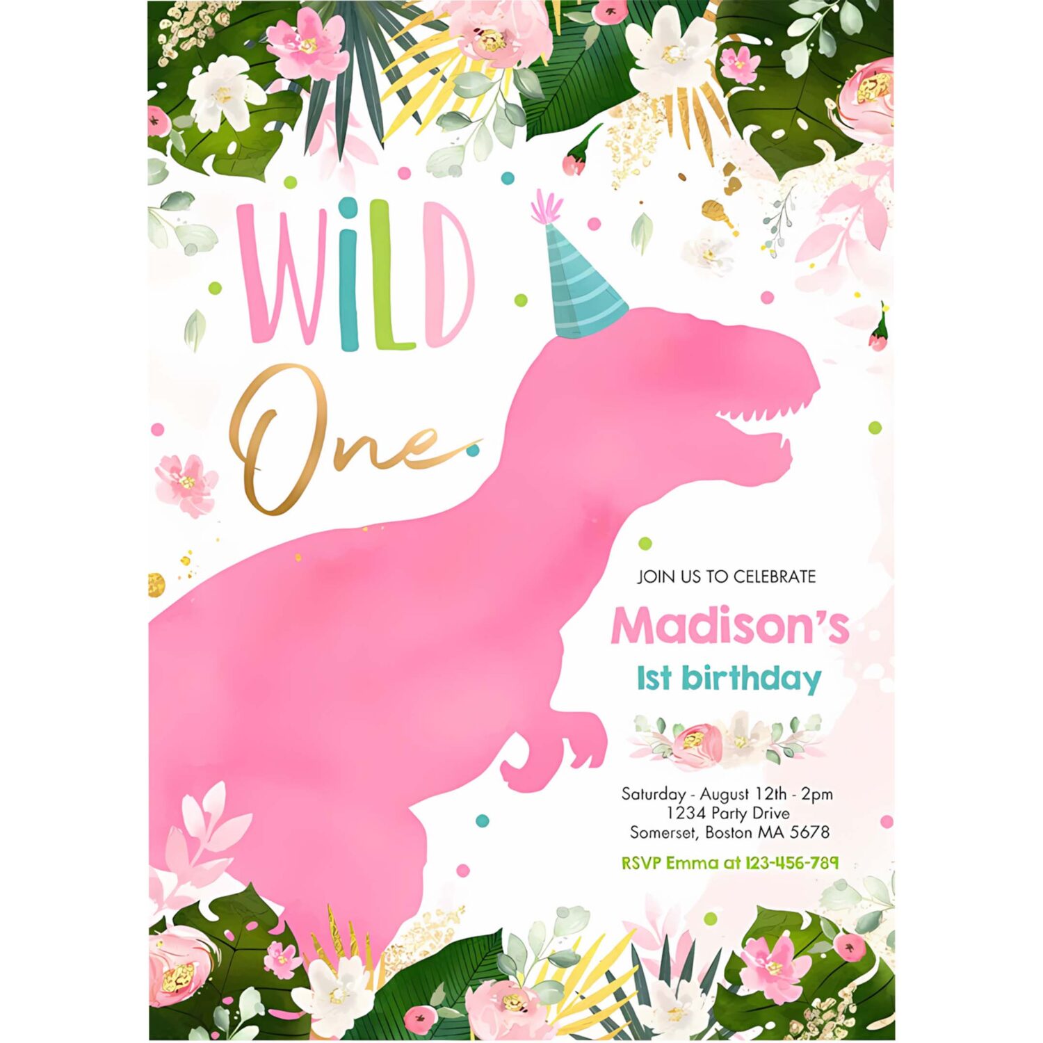 Dinosaur wild one birthday pink dinosaur birthday invitation x83f 4