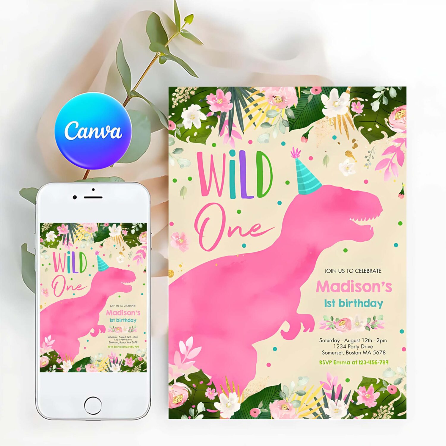 Dinosaur wild one birthday pink dinosaur birthday invitation z33t