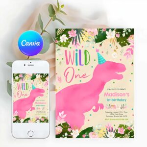 Dinosaur Wild One Invitation, Dinosaur Wild One Birthday Pink Dinosaur Birthday Invitation