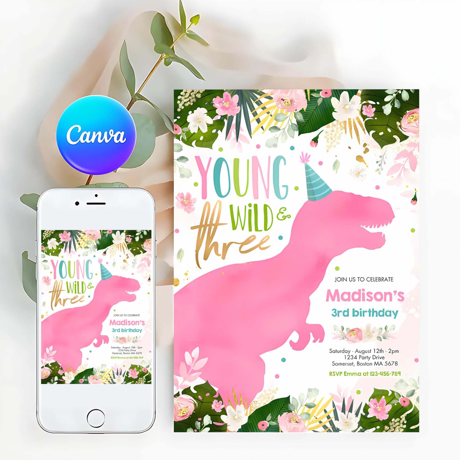 Dinosaur young wild and free dinosaur birthday invitation t82l