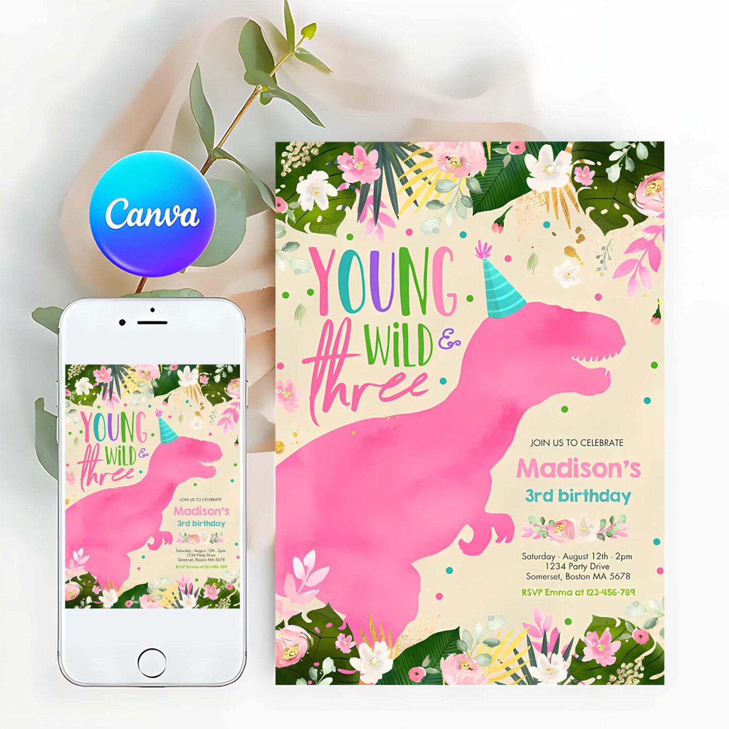 Dinosaur young wild and free dinosaur birthday invitation x79y