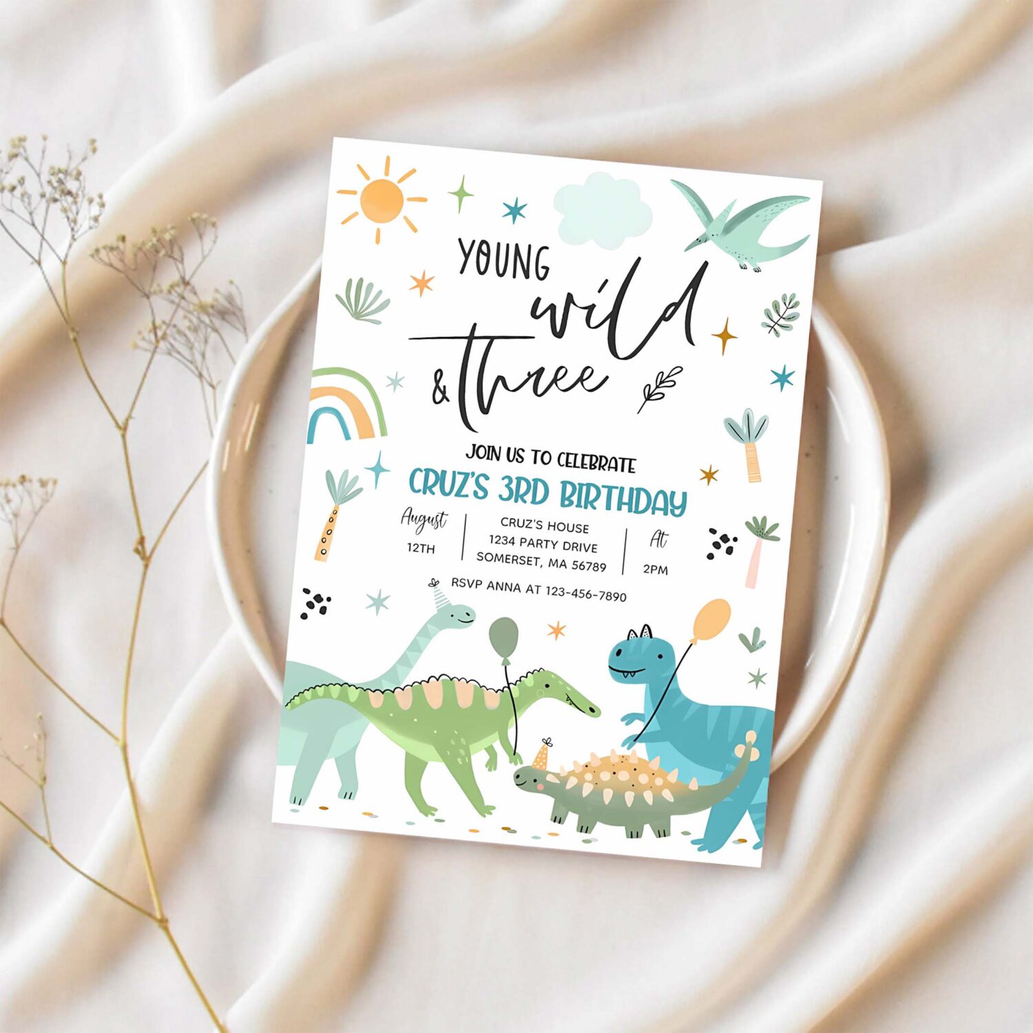 Dinosaur young wild and three 3rd birthday party invitation e35i 1