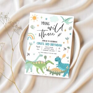 Dinosaur young wild and three 3rd birthday party invitation e35i 1