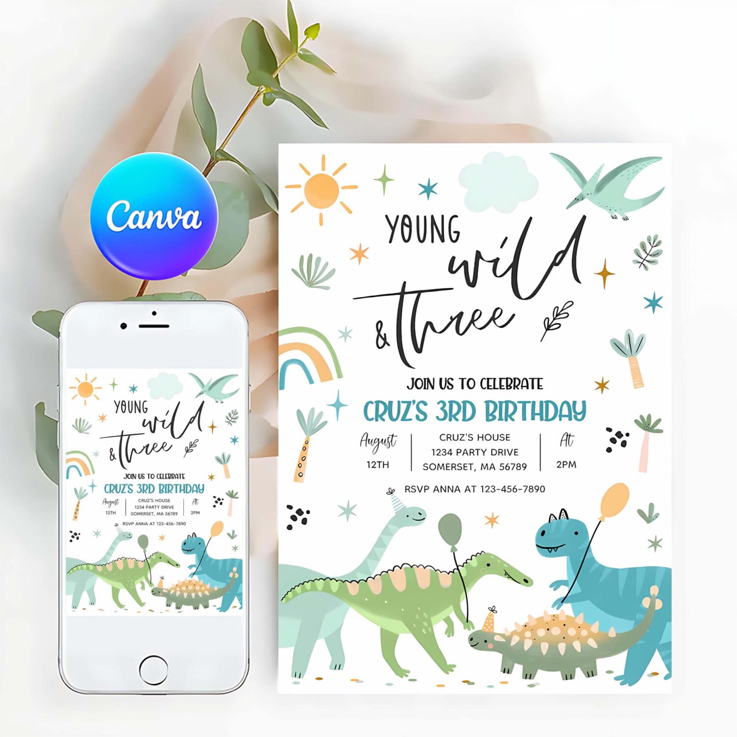 Dinosaur young wild and three 3rd birthday party invitation e35i