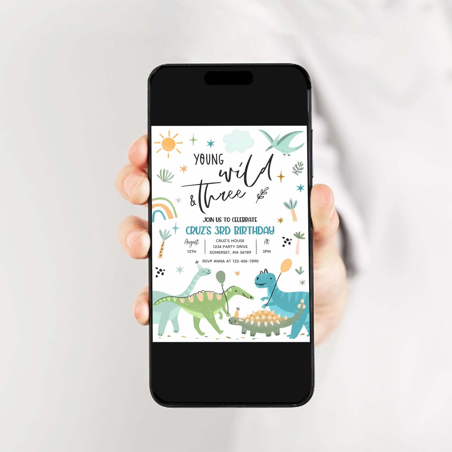 Dinosaur young wild and three 3rd birthday party invitation e35i 2