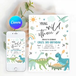 Young Wild And Three Invitation, Dinosaur Young Wild And Three 3rd Birthday Party Invitation