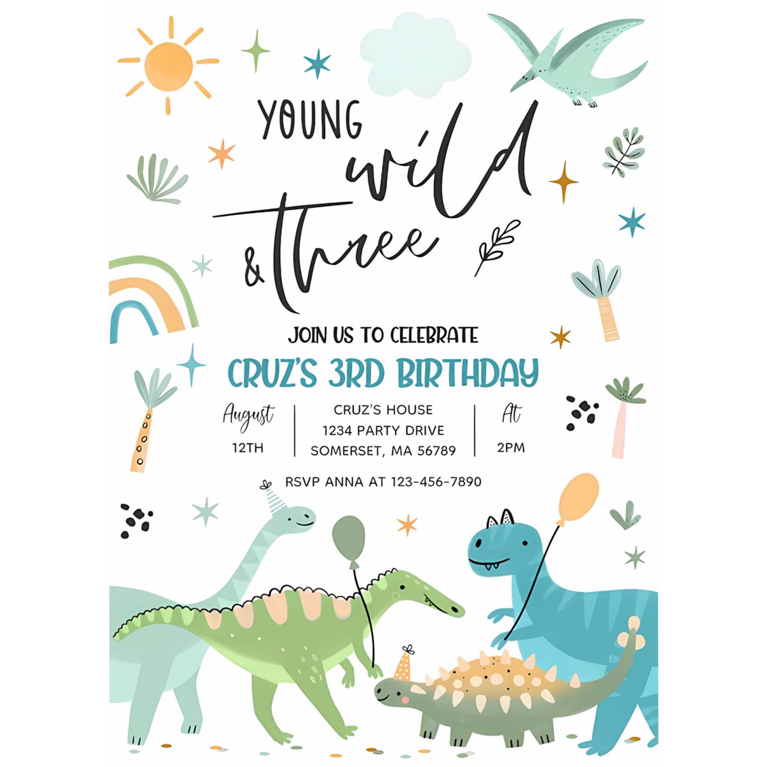 Dinosaur young wild and three 3rd birthday party invitation e35i 4
