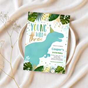 Dinosaur young wild and three dinosaur birthday invitation u11h 1