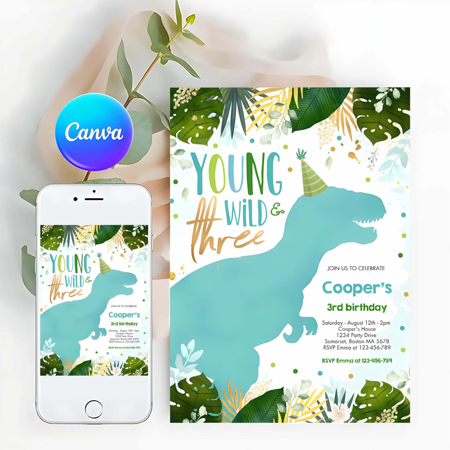 Dinosaur young wild and three dinosaur birthday invitation u11h