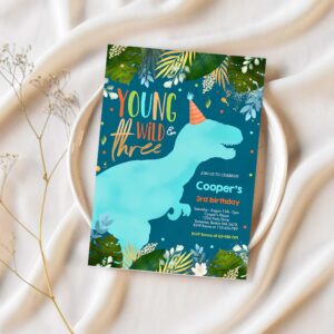 Dinosaur young wild and three dinosaur birthday invitation v74s 1