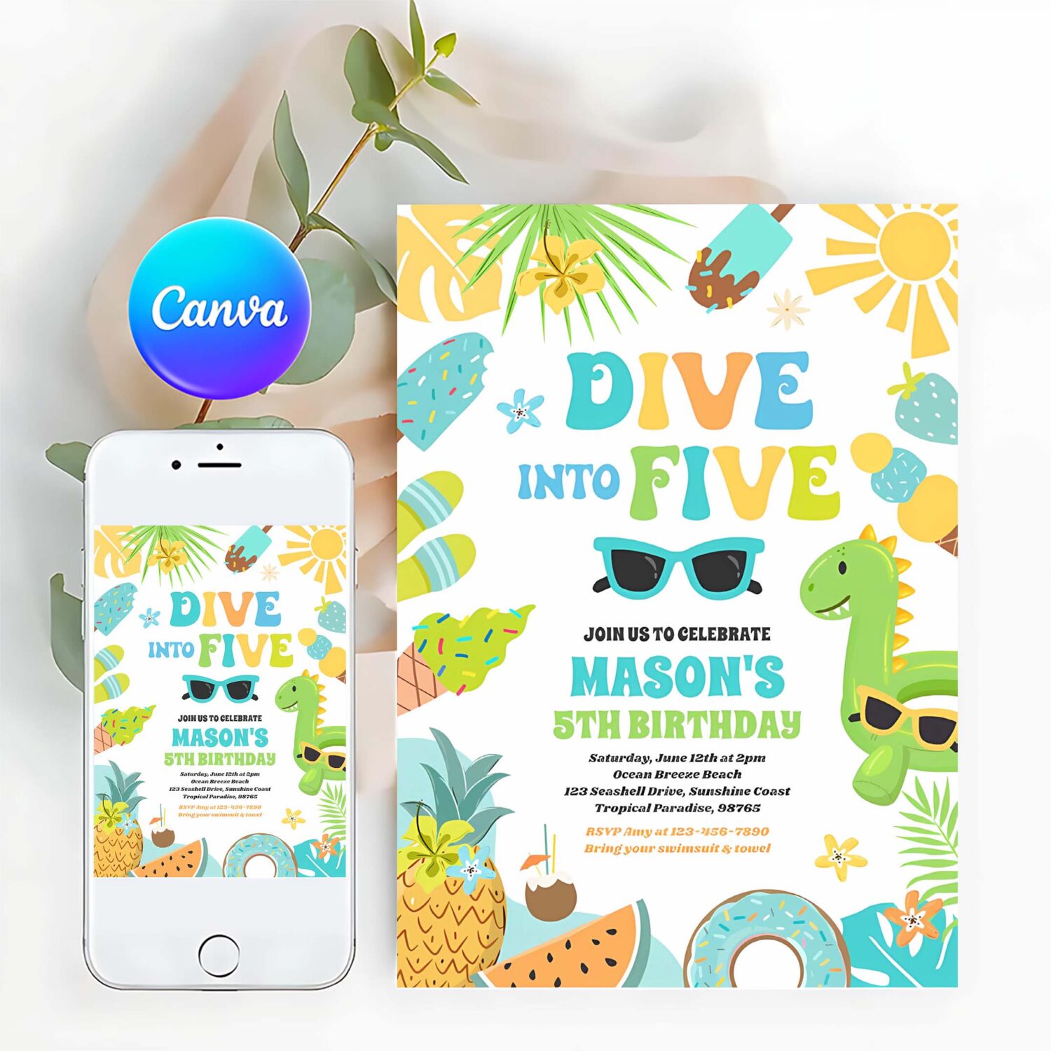 Dive into five tropical beach 5th birthday party invitation i64b