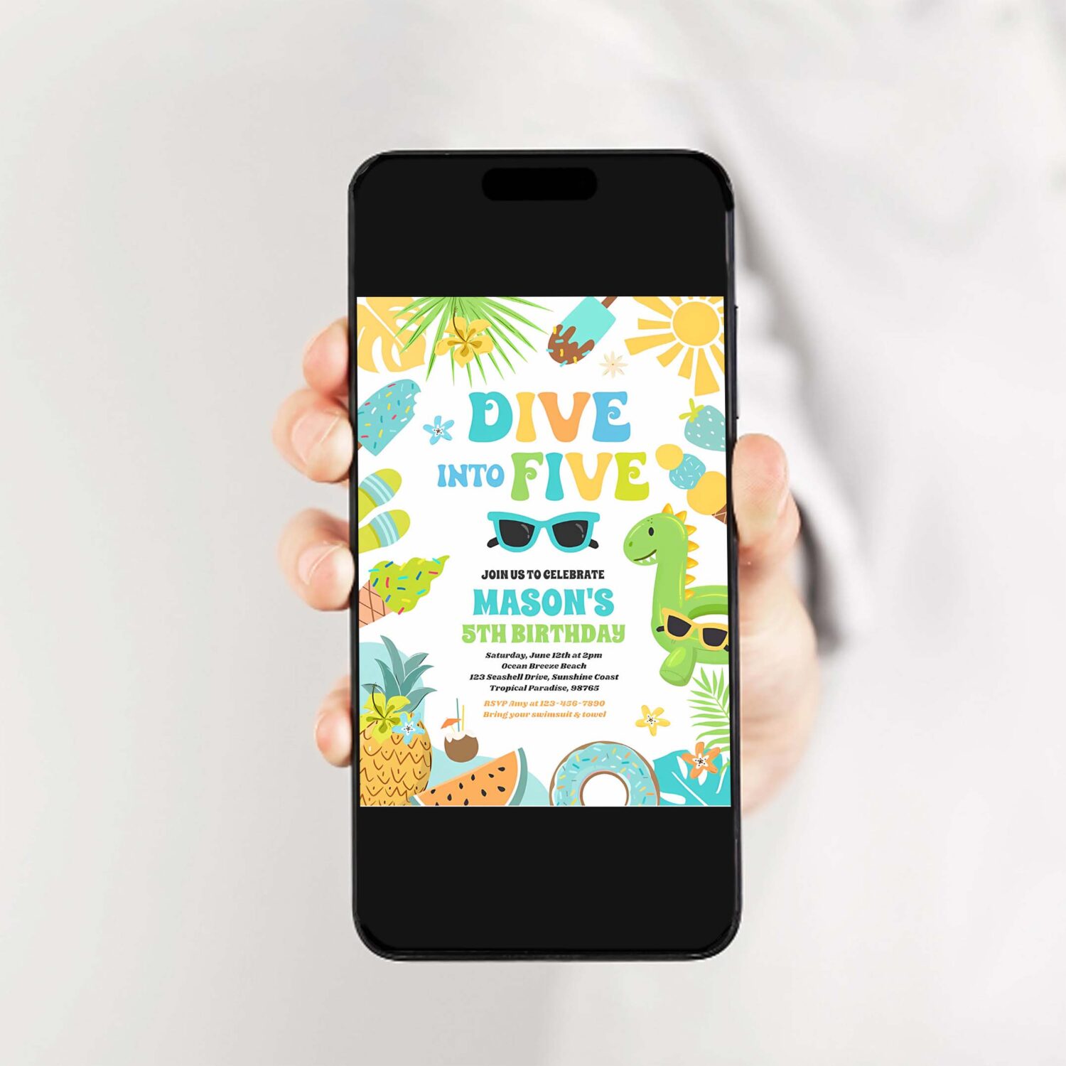 Dive into five tropical beach 5th birthday party invitation i64b 2
