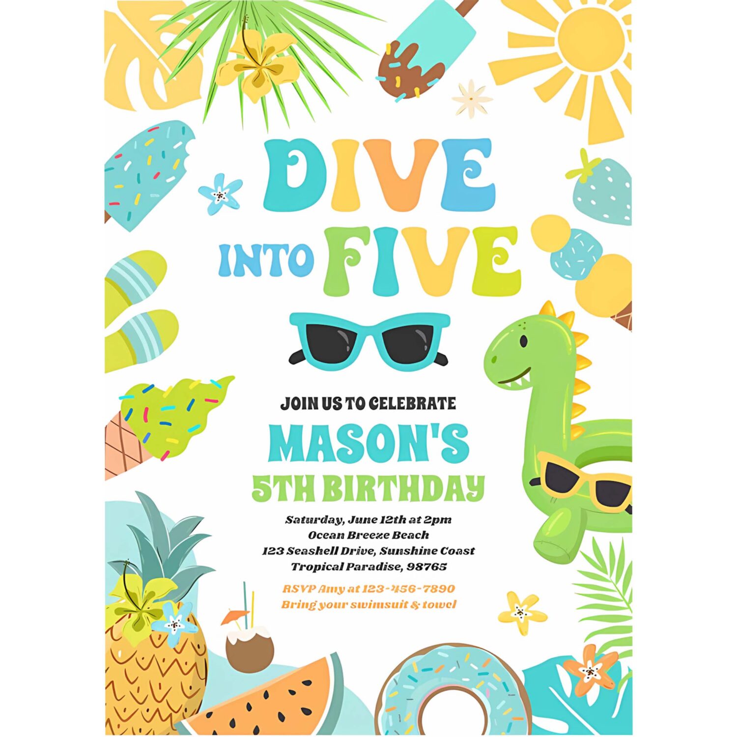 Dive into five tropical beach 5th birthday party invitation i64b 4