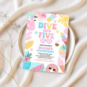 Dive into five tropical beach 5th birthday party invitation n43u 1