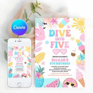 Tropical Beach Invitation, Dive Into Five Tropical Beach 5th Birthday Party Invitation