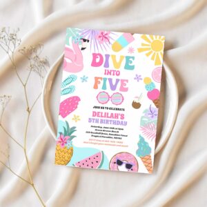 Dive into five tropical beach 5th birthday party invitation p98r 1