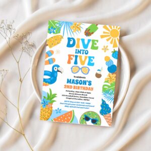 Dive into five tropical beach 5th birthday party invitation q60d 1