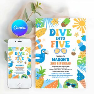 Tropical Beach Invitation, Dive Into Five Tropical Beach 5th Birthday Party Invitation
