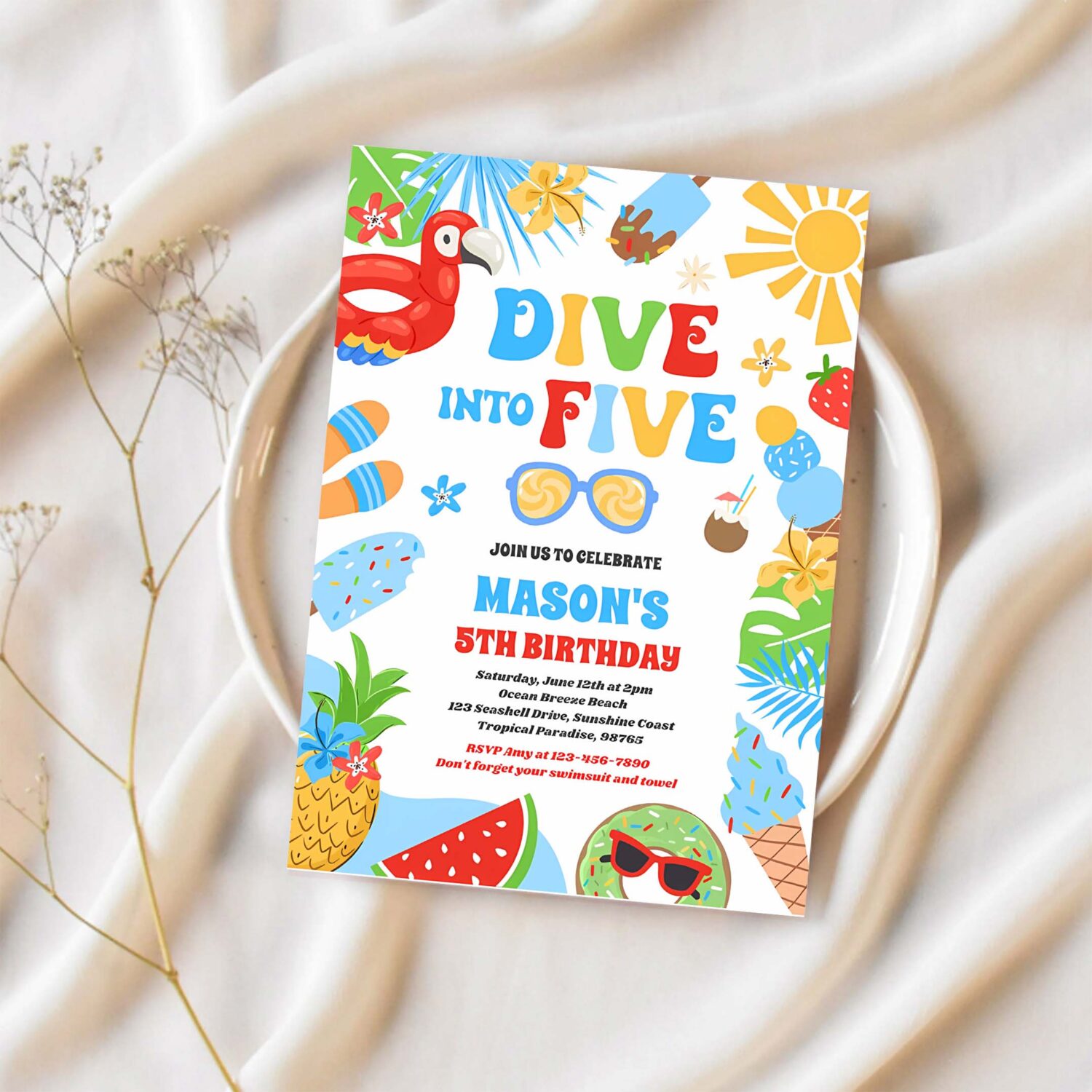 Dive into five tropical beach 5th birthday party invitation u91b 1