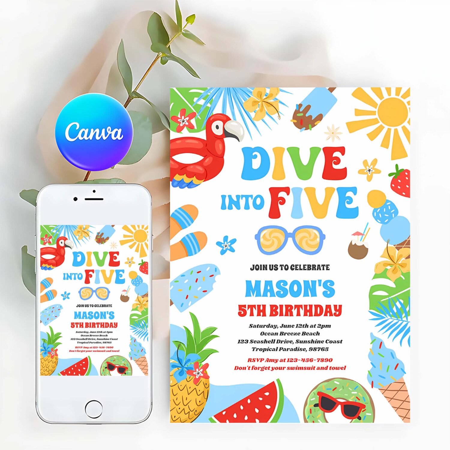 Dive into five tropical beach 5th birthday party invitation u91b