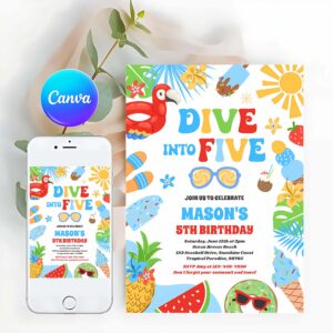 Tropical Beach Invitation, Dive Into Five Tropical Beach 5th Birthday Party Invitation