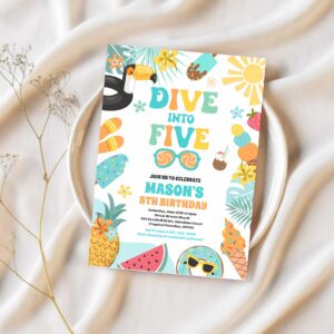Dive into five tropical beach 5th birthday party invitation t54k 1
