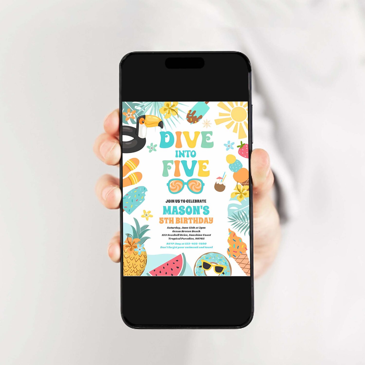Dive into five tropical beach 5th birthday party invitation t54k 2