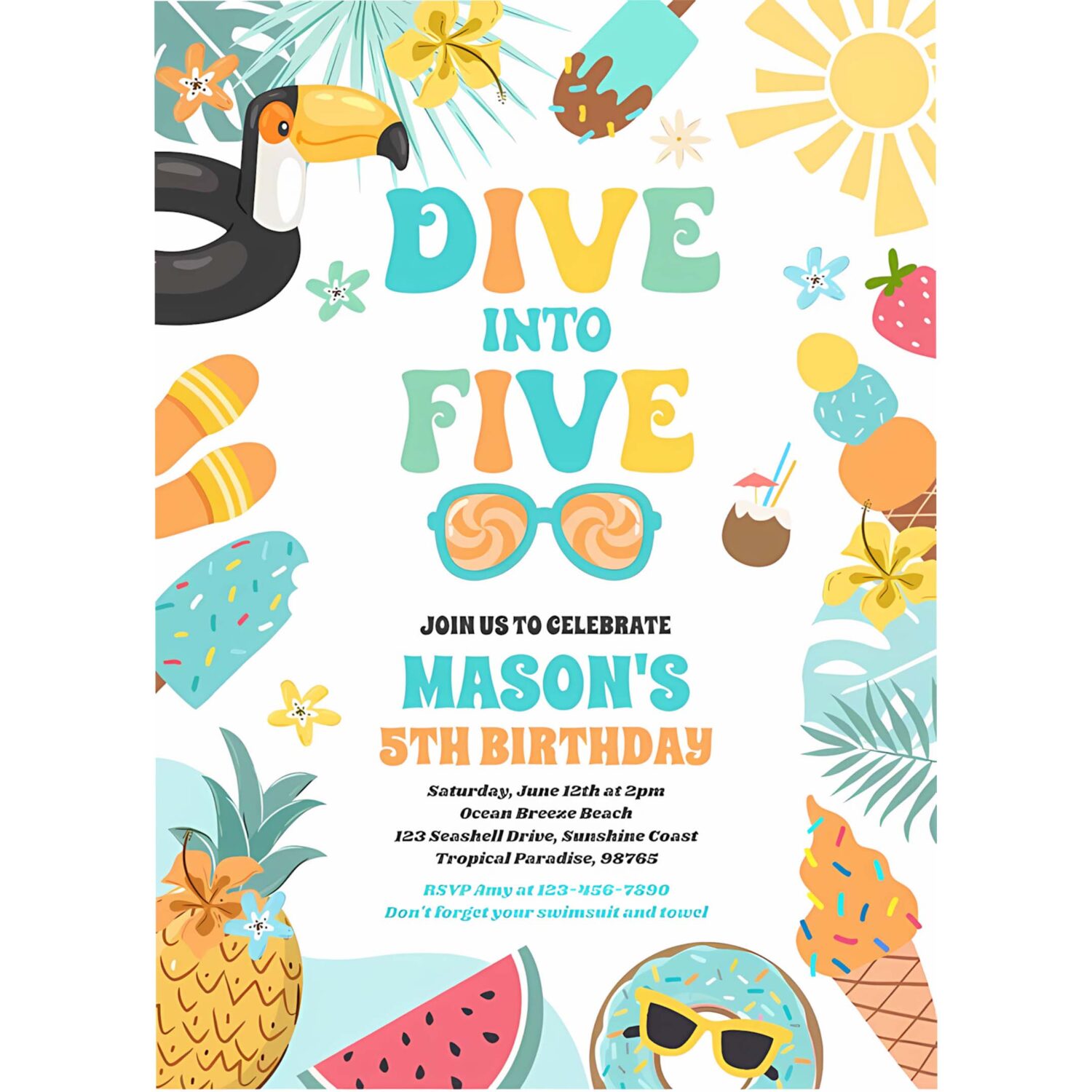 Dive into five tropical beach 5th birthday party invitation t54k 4