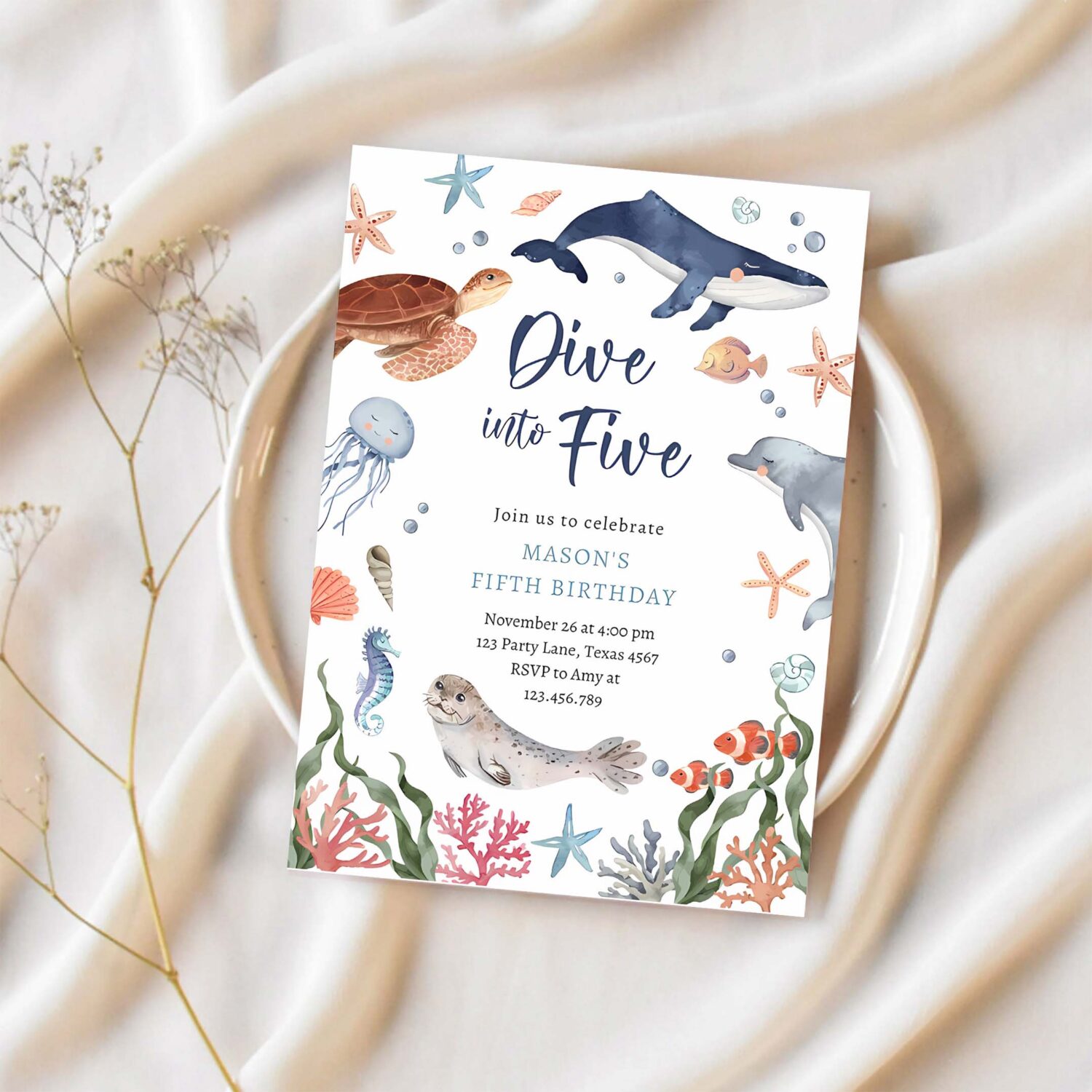 Dive into five under the sea nautical 5th birthday invitation u46z 1