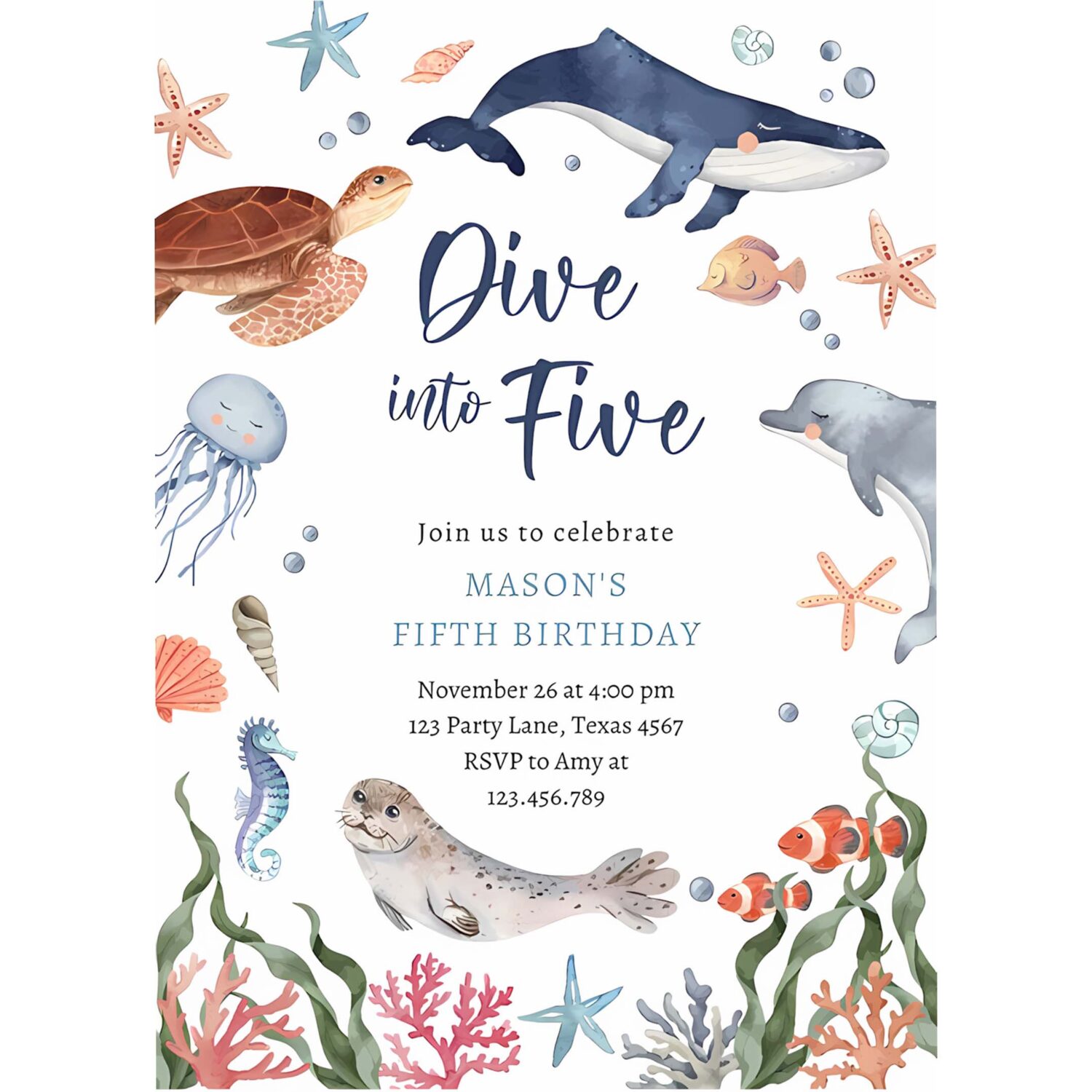 Dive into five under the sea nautical 5th birthday invitation u46z 4