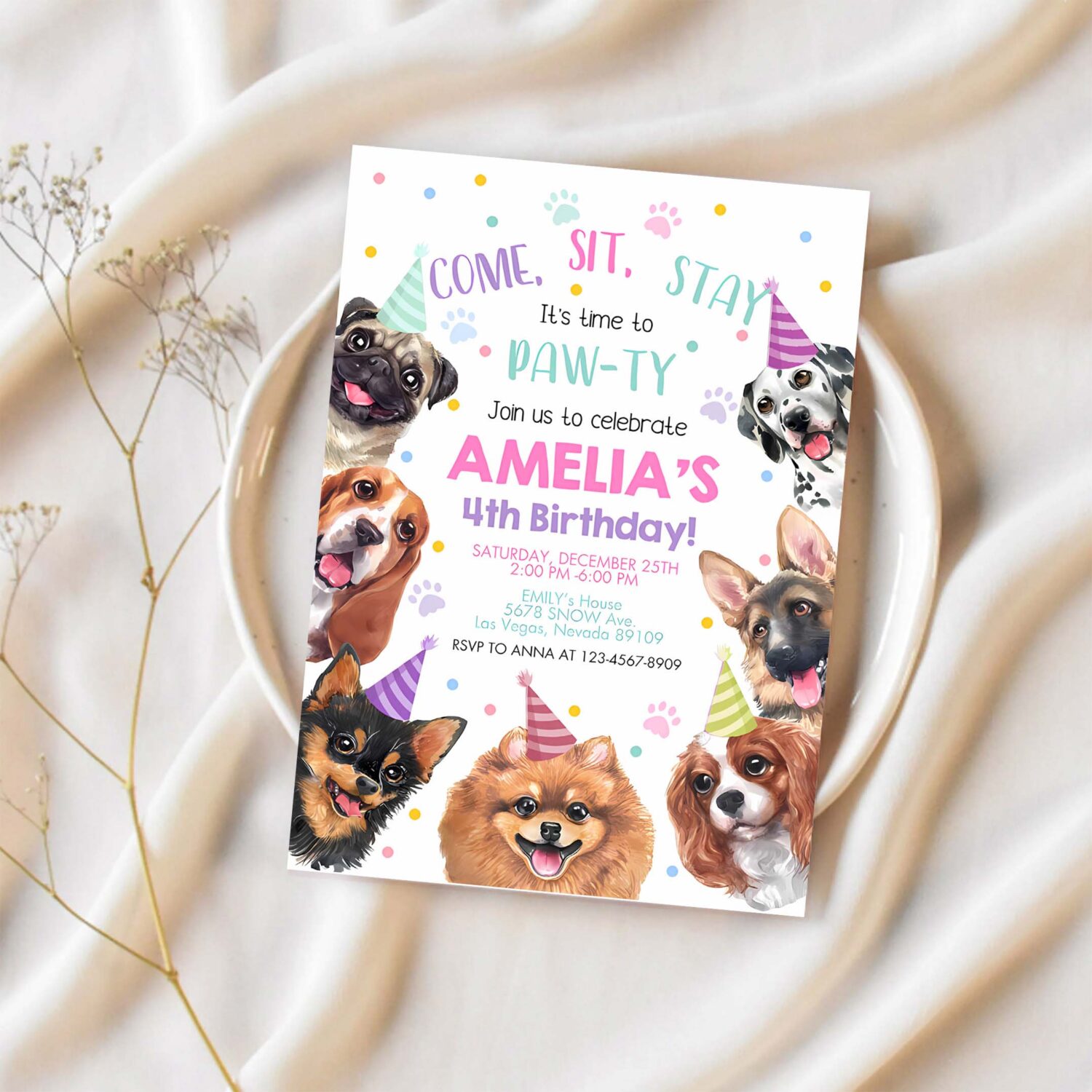 Dog invitation birthday party invites puppy pawty boy girl first come sit stay pet theme editable digital template 1