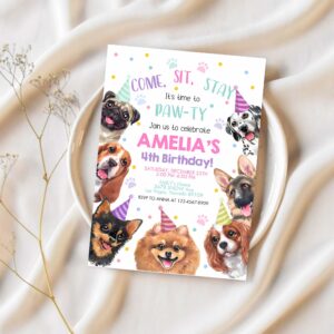 Dog invitation birthday party invites puppy pawty boy girl first come sit stay pet theme editable digital template 1
