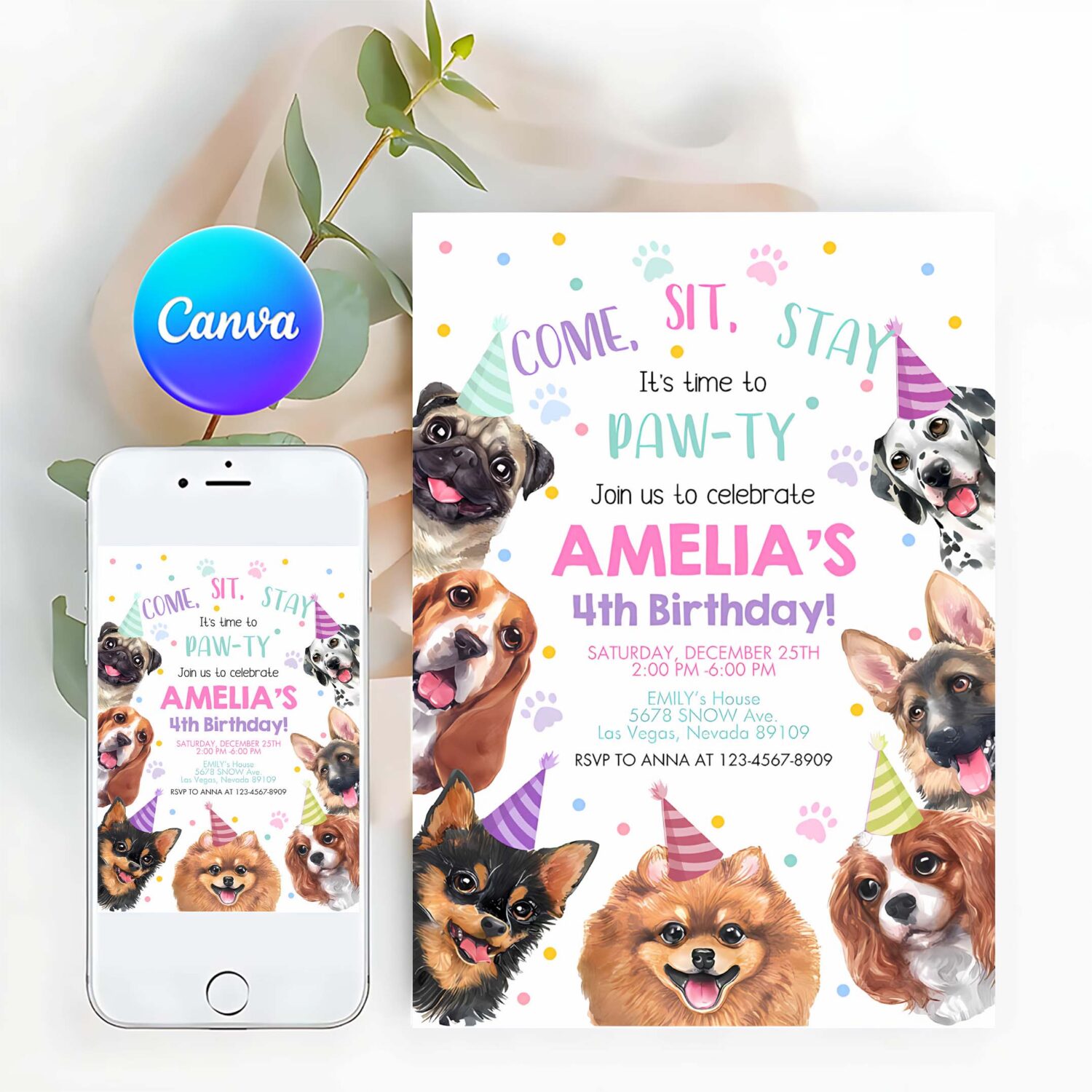 Dog invitation birthday party invites puppy pawty boy girl first come sit stay pet theme editable digital template