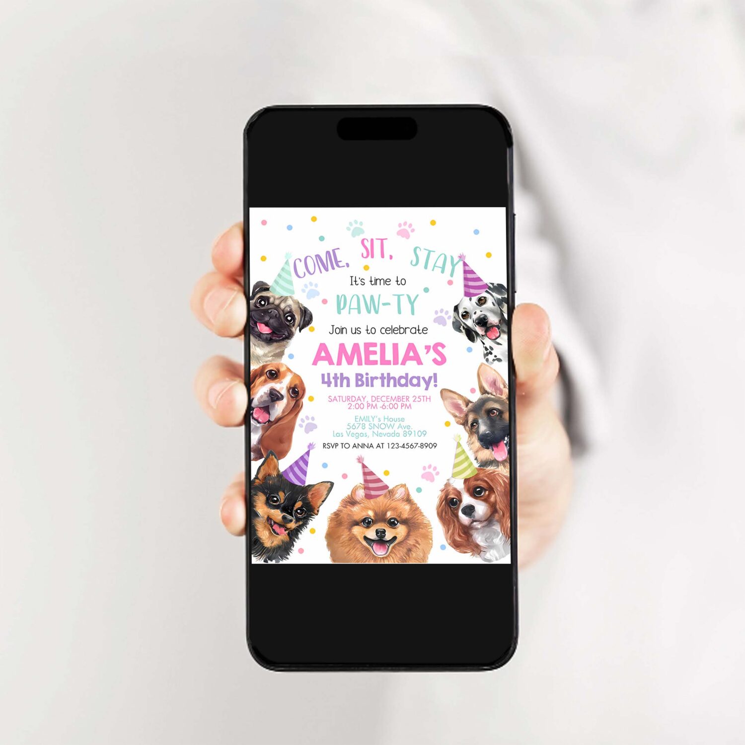 Dog invitation birthday party invites puppy pawty boy girl first come sit stay pet theme editable digital template 2