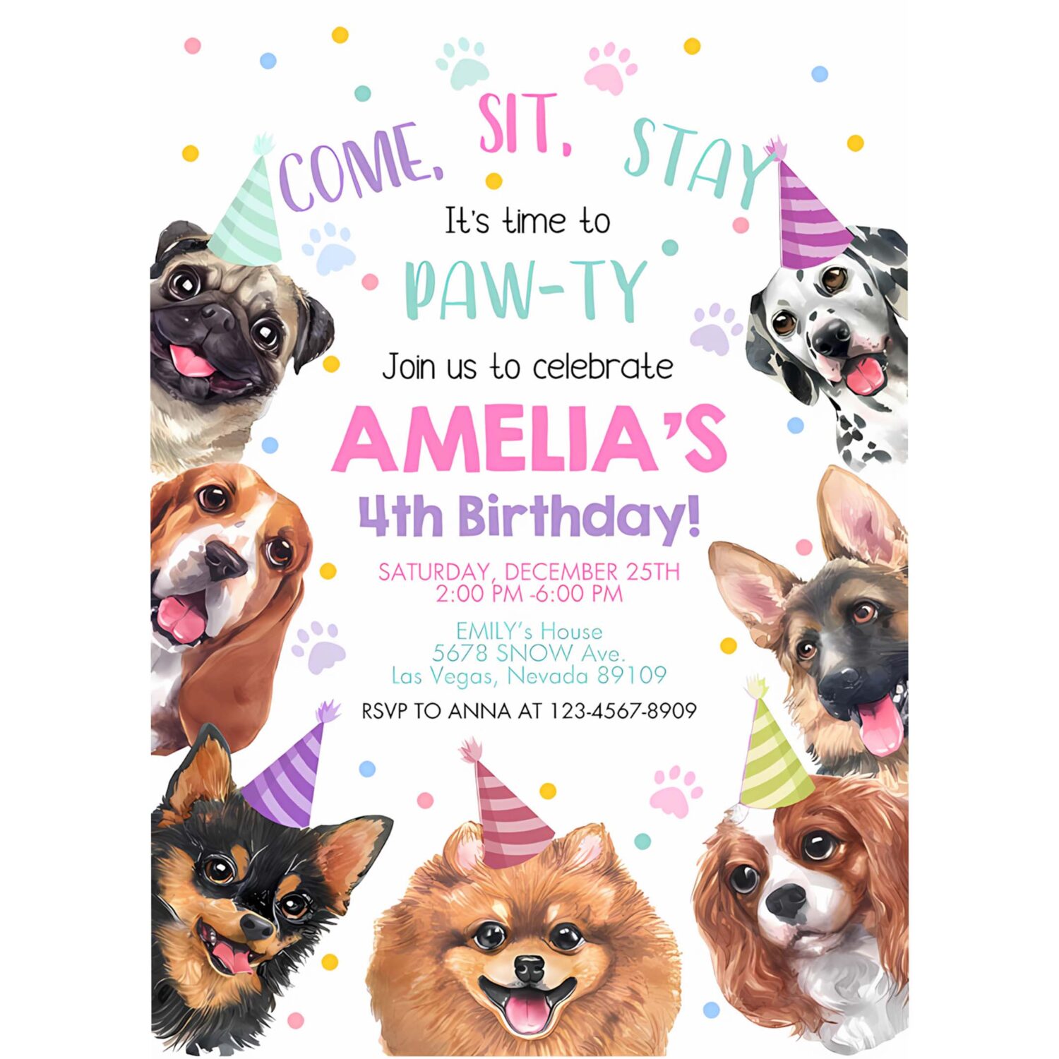 Dog invitation birthday party invites puppy pawty boy girl first come sit stay pet theme editable digital template 4