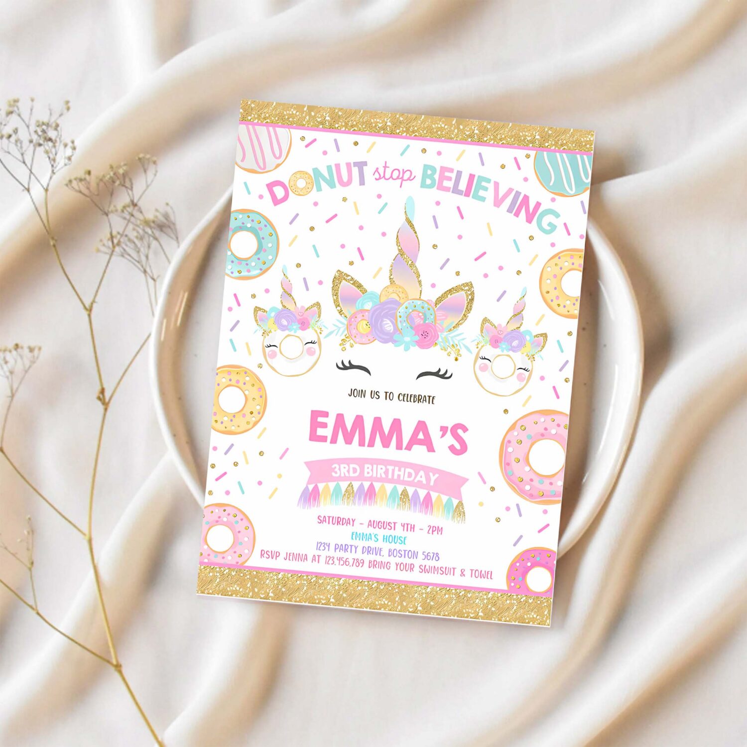 Donut and unicorn birthday invitation donut stop believing invite donut stop believing unicorn donut party 1