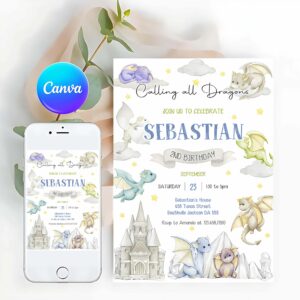 Dragon Birthday Party Invitation Template, Dragon Birthday Invitation, Dragon Invitation