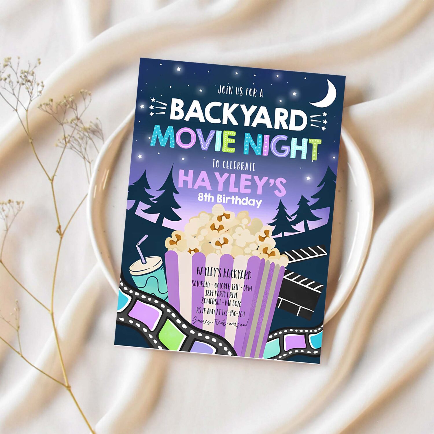 Editable backyard movie night birthday invitation outdoor movie party movie under the stars party movie sleepover party 1