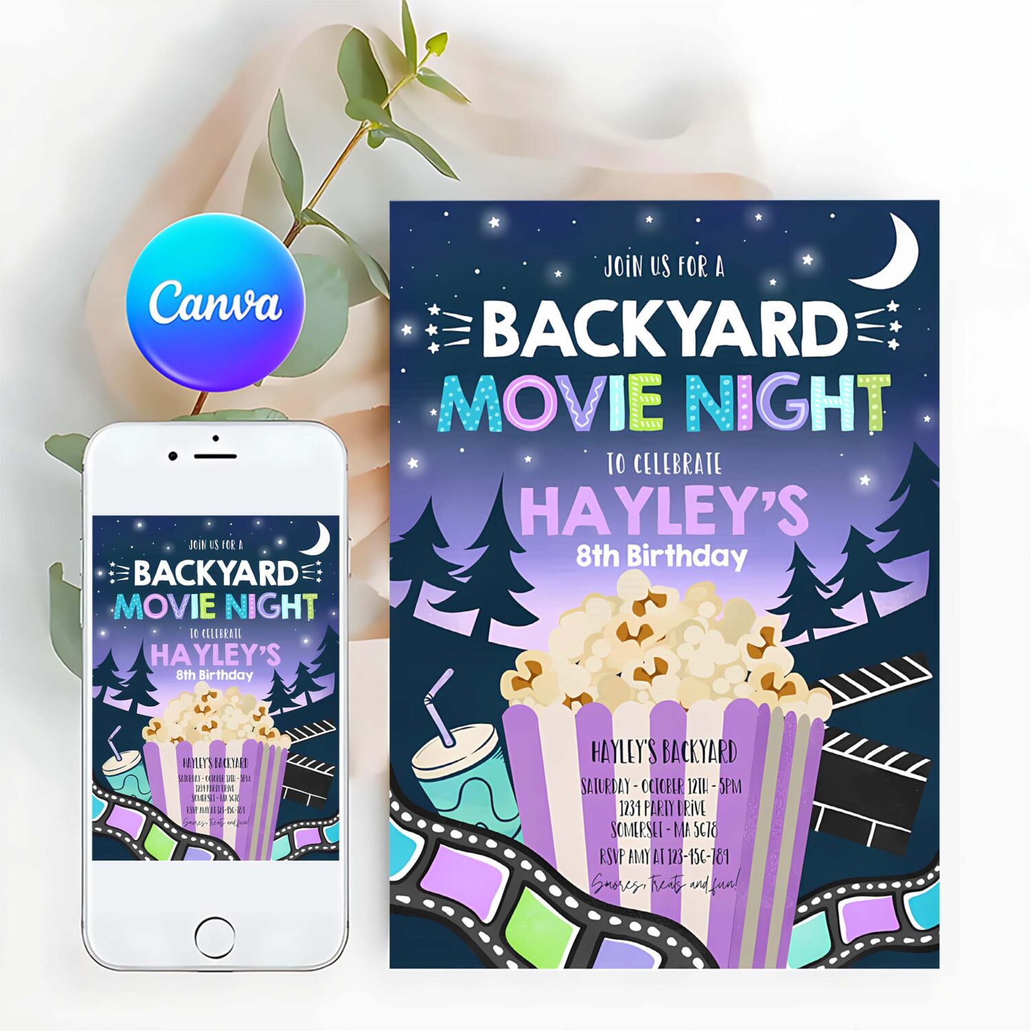 Editable backyard movie night birthday invitation outdoor movie party movie under the stars party movie sleepover party