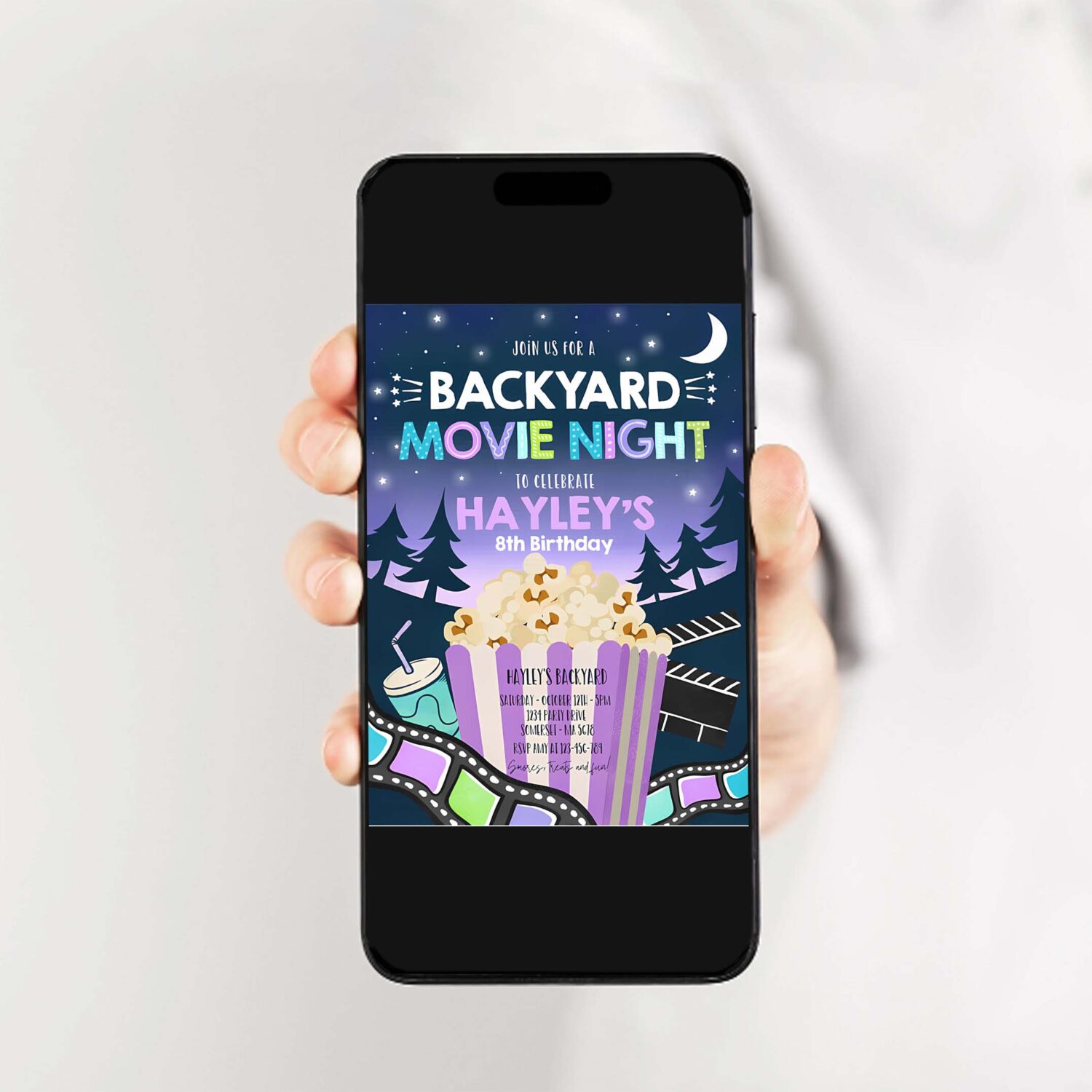Editable backyard movie night birthday invitation outdoor movie party movie under the stars party movie sleepover party 2
