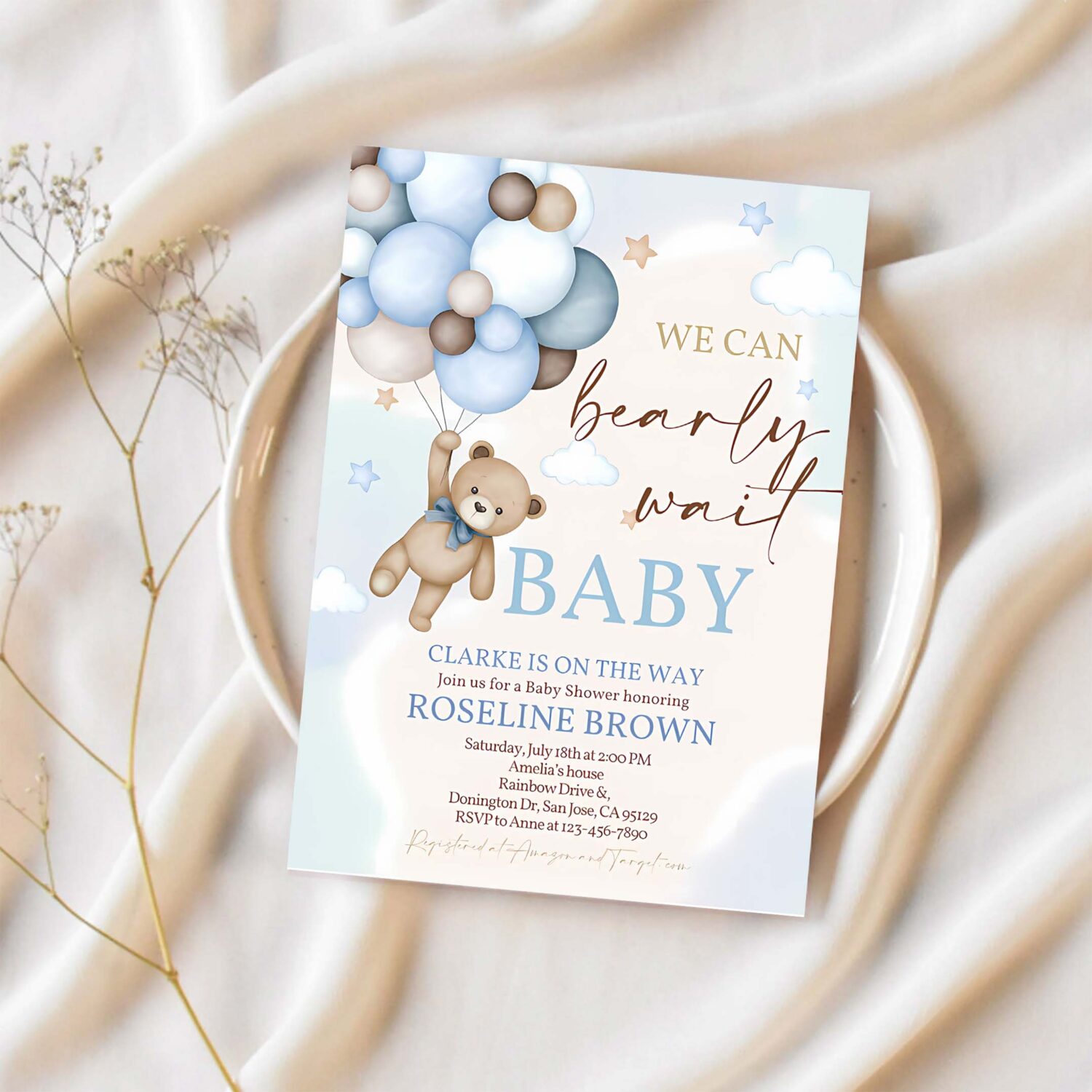 Editable blue pampas grass teddy bear baby shower invitation we can bearly wait blue balloons boho boy baby shower invites 1