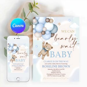 Teddy Bear Invitation, Blue Pampas Grass Teddy Bear Baby Shower Invitation