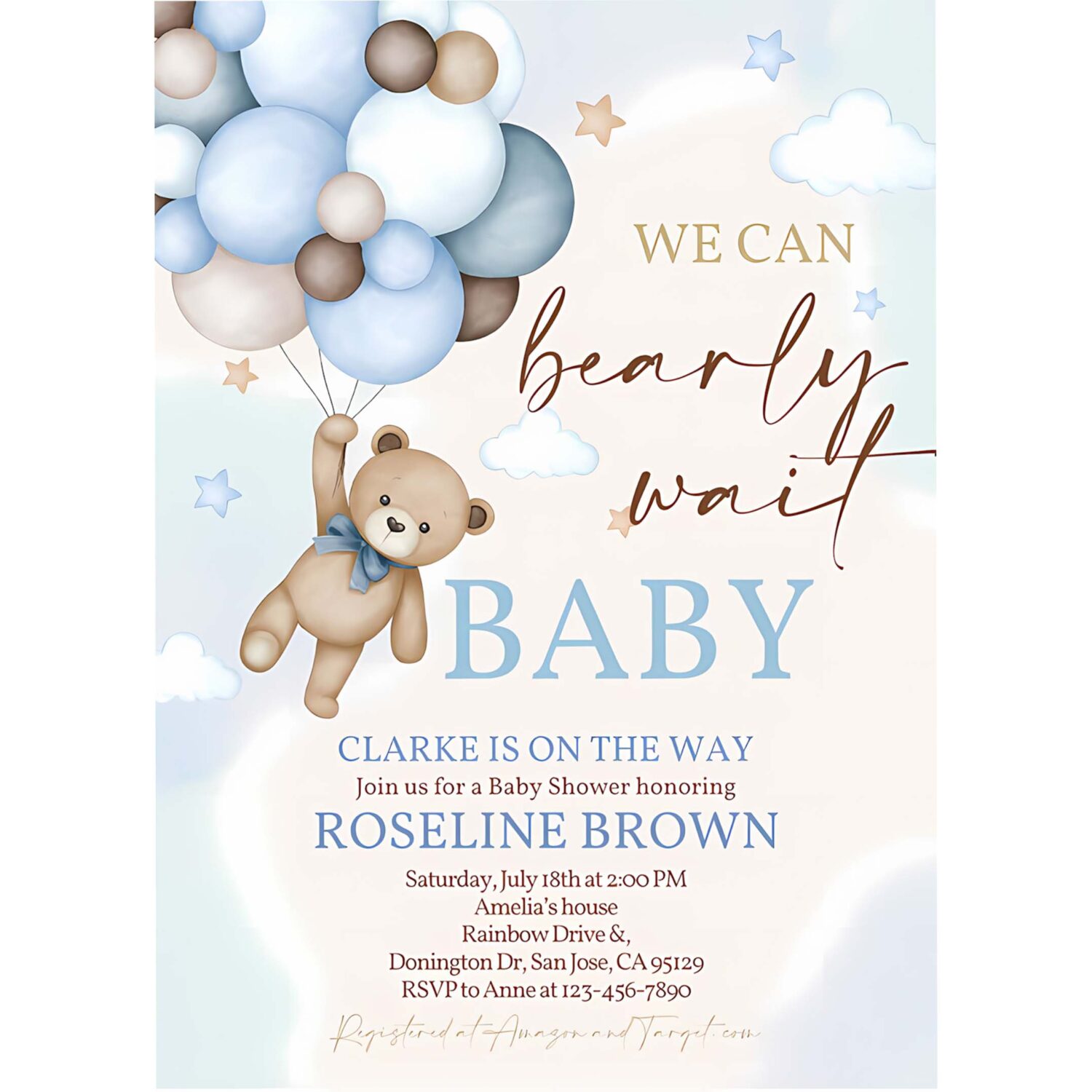 Editable blue pampas grass teddy bear baby shower invitation we can bearly wait blue balloons boho boy baby shower invites 4