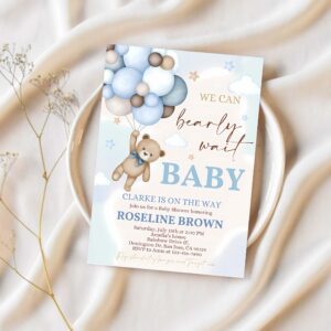 Editable blue pampas grass teddy bear baby shower invitation we can bearly wait blue balloons boho boy baby shower invites template 1