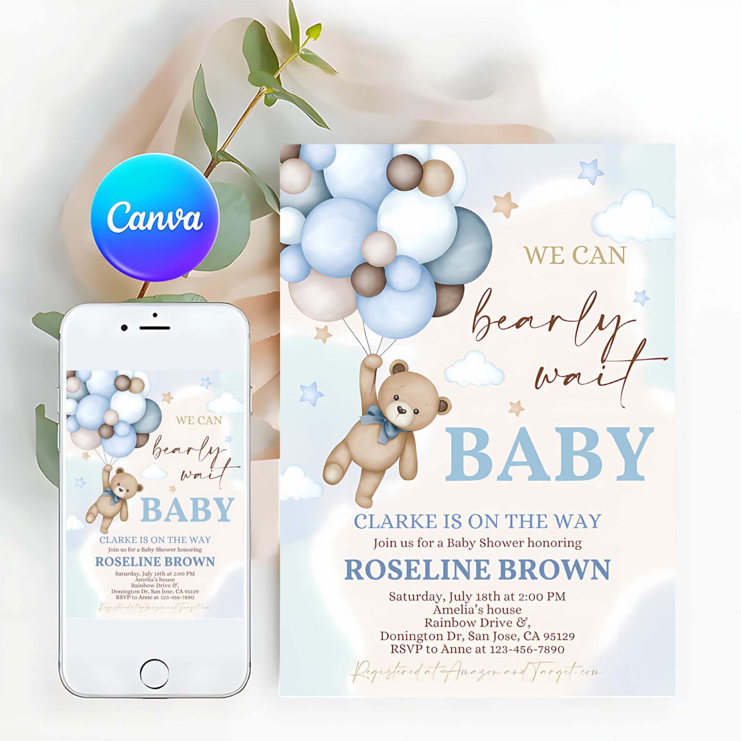 Editable blue pampas grass teddy bear baby shower invitation we can bearly wait blue balloons boho boy baby shower invites template